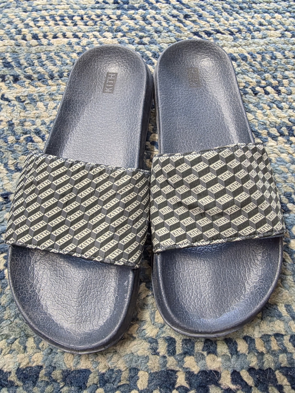 Kith Navy Blue Slide Sandals with Monogram Strap
